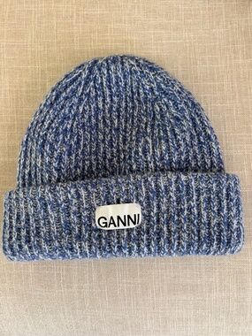 Ganni Blue and White Knit Beanie